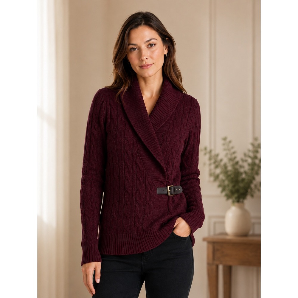 Lauren Ralph Lauren Women's Cable Knit Buckle Shawl Collar Sweater Large